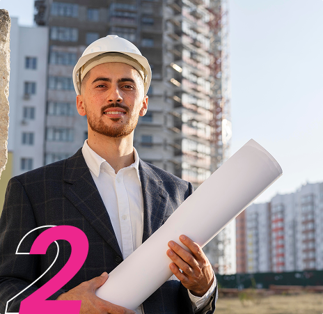 Person holding rolled floorplan image with number 2