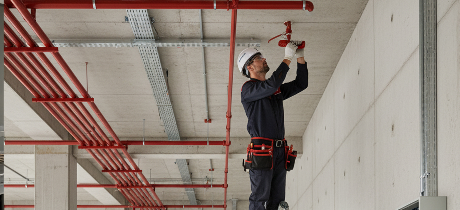 A worker installing a fire sprinkler on the ceiling using a tool