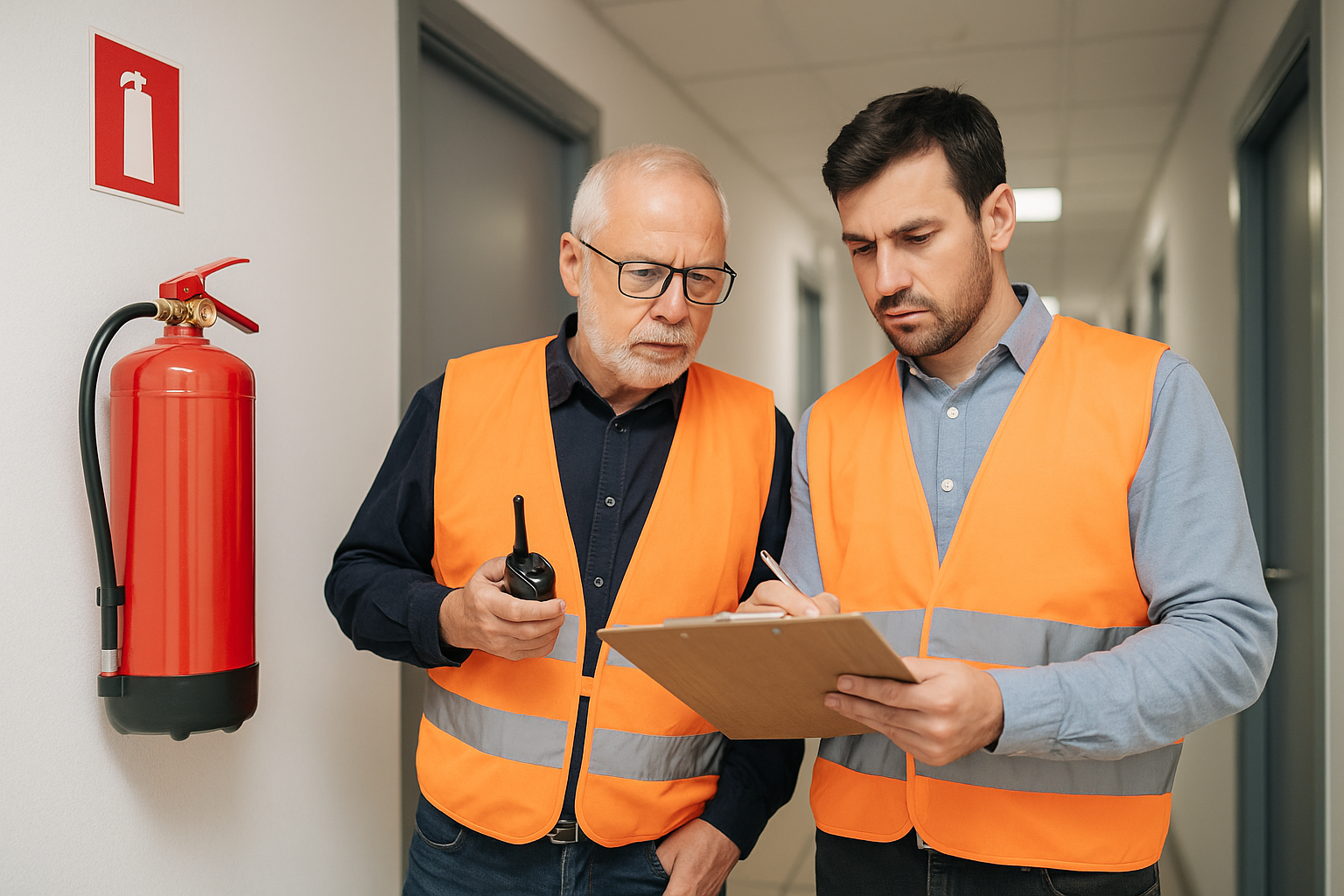 Fire safety inspector reviewing building escape routes and alarm systems