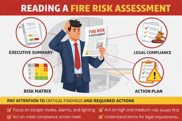 Landlord reviewing fire risk assessment report with highlighted action plan