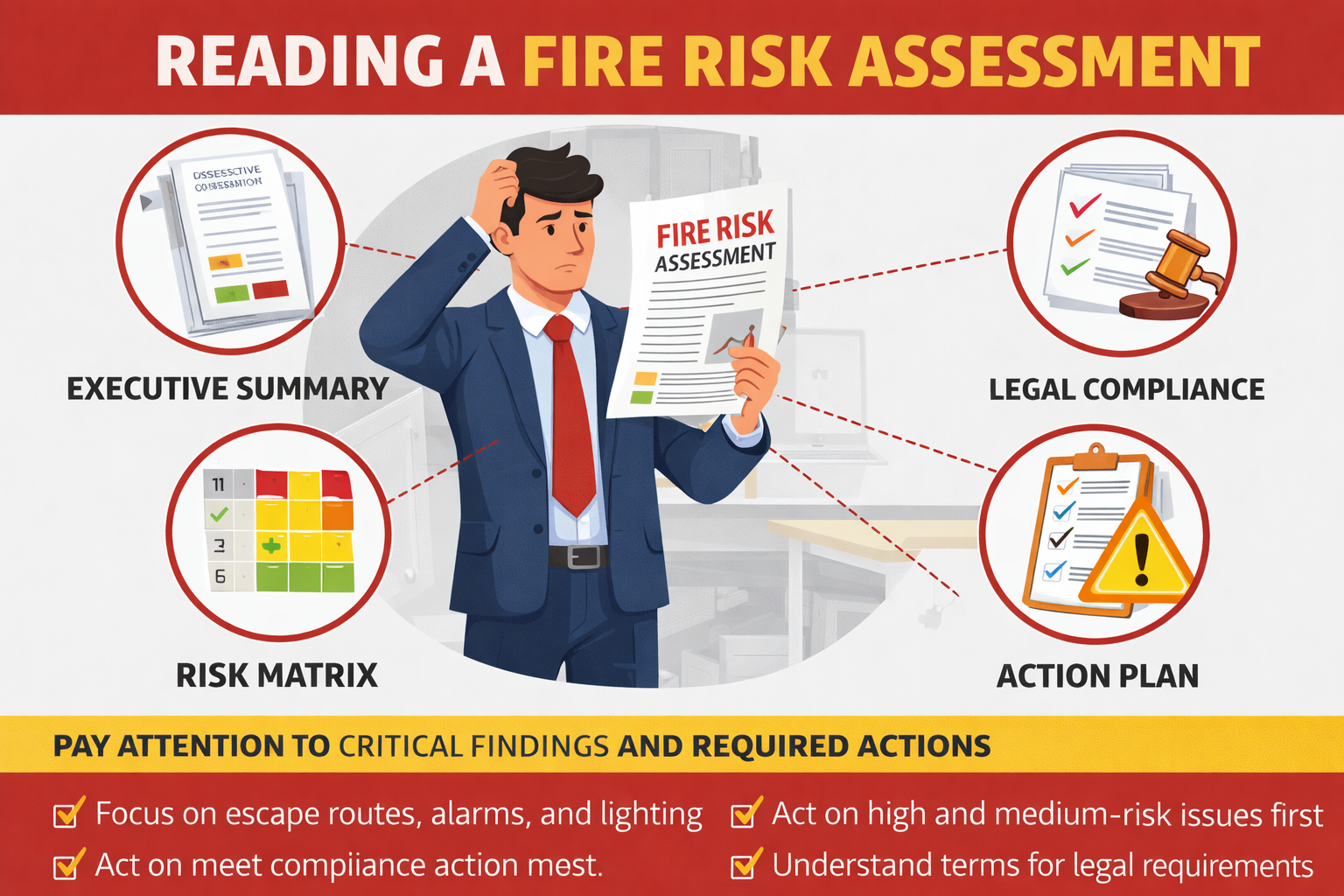 Landlord reviewing fire risk assessment report with highlighted action plan