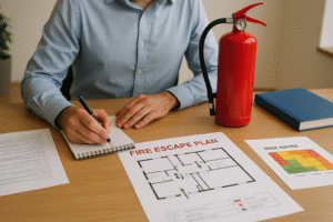Fire safety assessor inspecting emergency escape route and signage