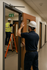 Passive fire protection system showing fire doors