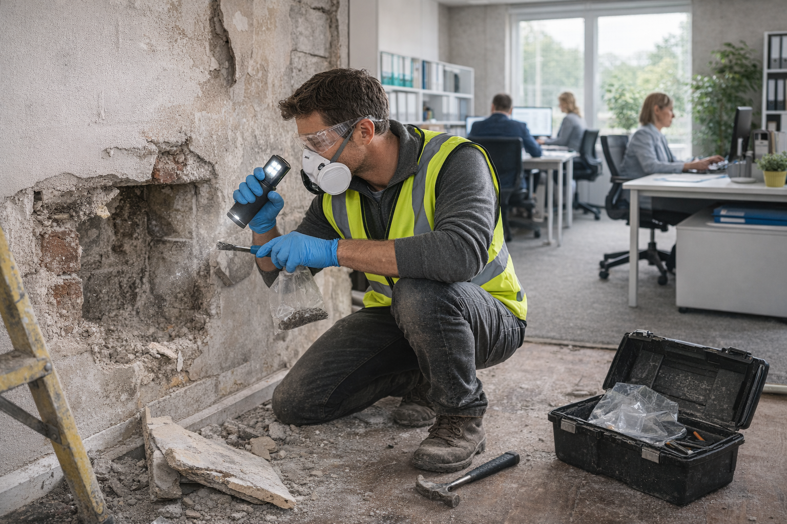 Asbestos surveyor inspecting a wall cavity during refurbishment work in Leeds