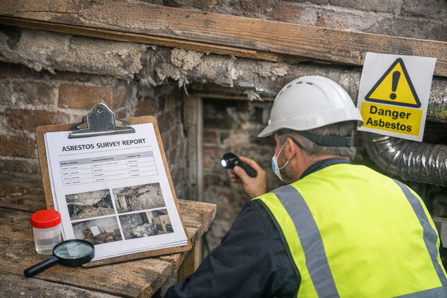 asbestos inspection in rental property UK surveyor examining wall