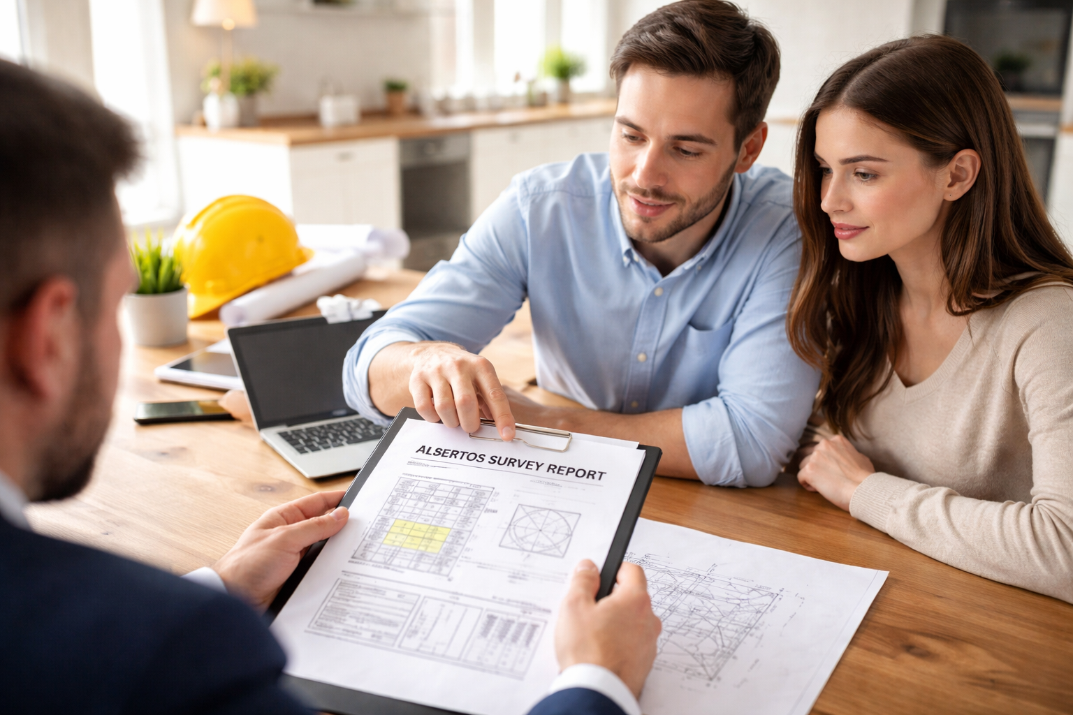 buyer and seller reviewing an asbestos survey report during a house sale