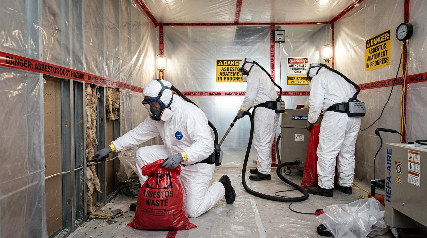 asbestos removal workers in protective suits with containment setup