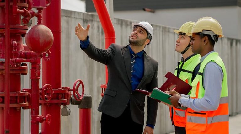 Fire protection engineer inspecting passive fire protection systems in an industrial building