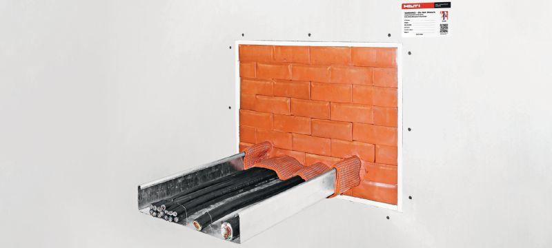 Passive fire protection system sealing cable penetrations through a fire-resistant wall to maintain compartmentation and fire safety compliance