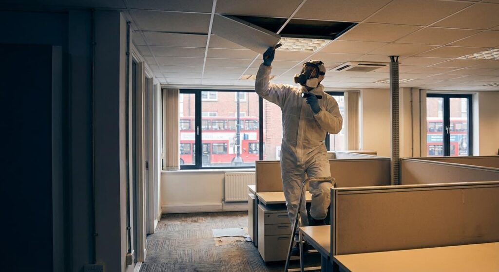surveyor checking asbestos materials in commercial building
